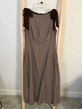 RIHOAS Brown Gingham Maxi Dress with Tie Shoulders